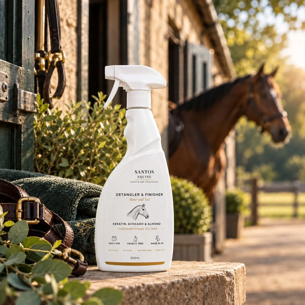 Santos Equine Detangler and Finisher on a stone wall in a stable yard