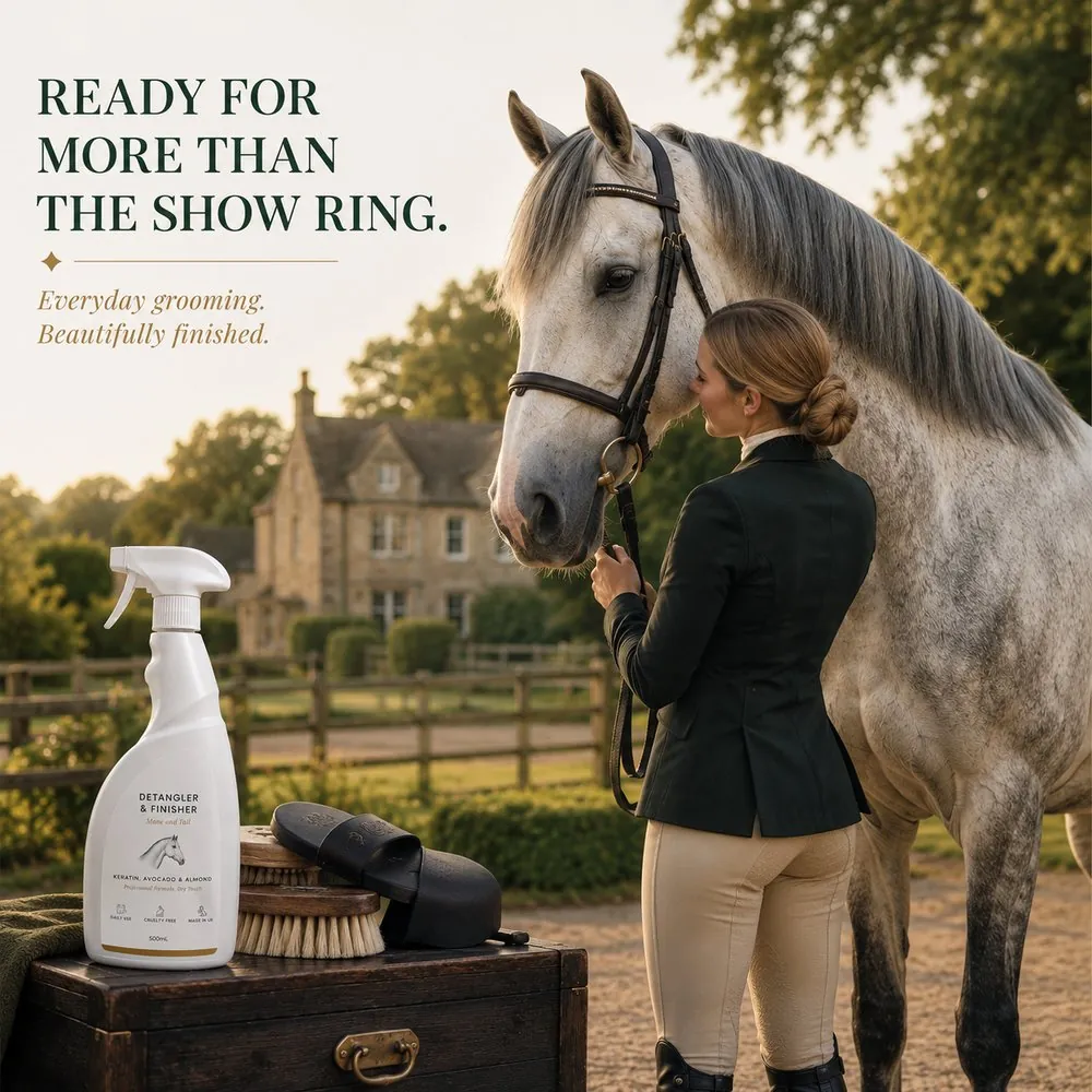 Grey horse prepared for the show ring with the Santos Equine Detangler & Finisher and grooming kit