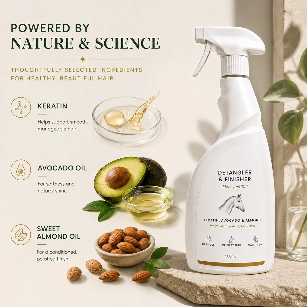 Keratin, avocado oil and sweet almond oil shown beside the Santos Equine Detangler and Finisher