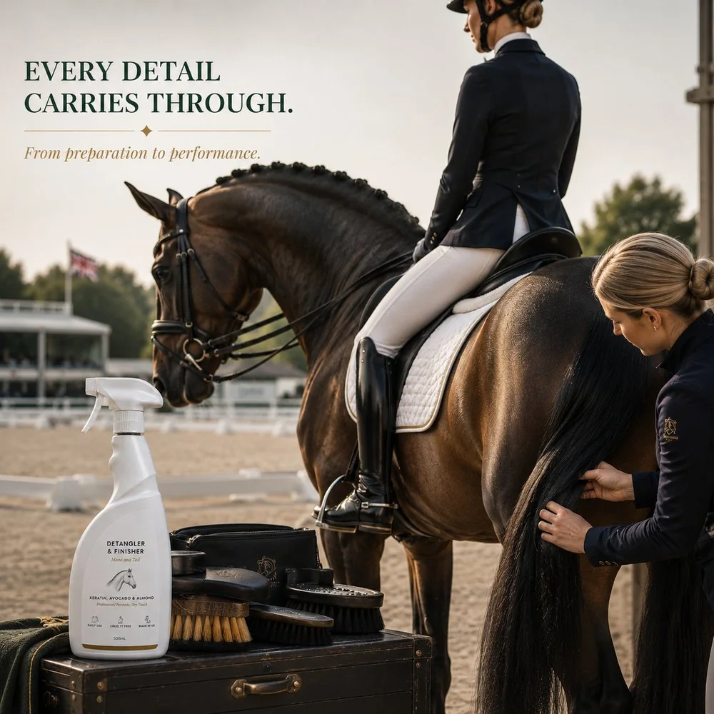 Rider grooming a bay horse with the Santos Equine Detangler and Finisher before competition