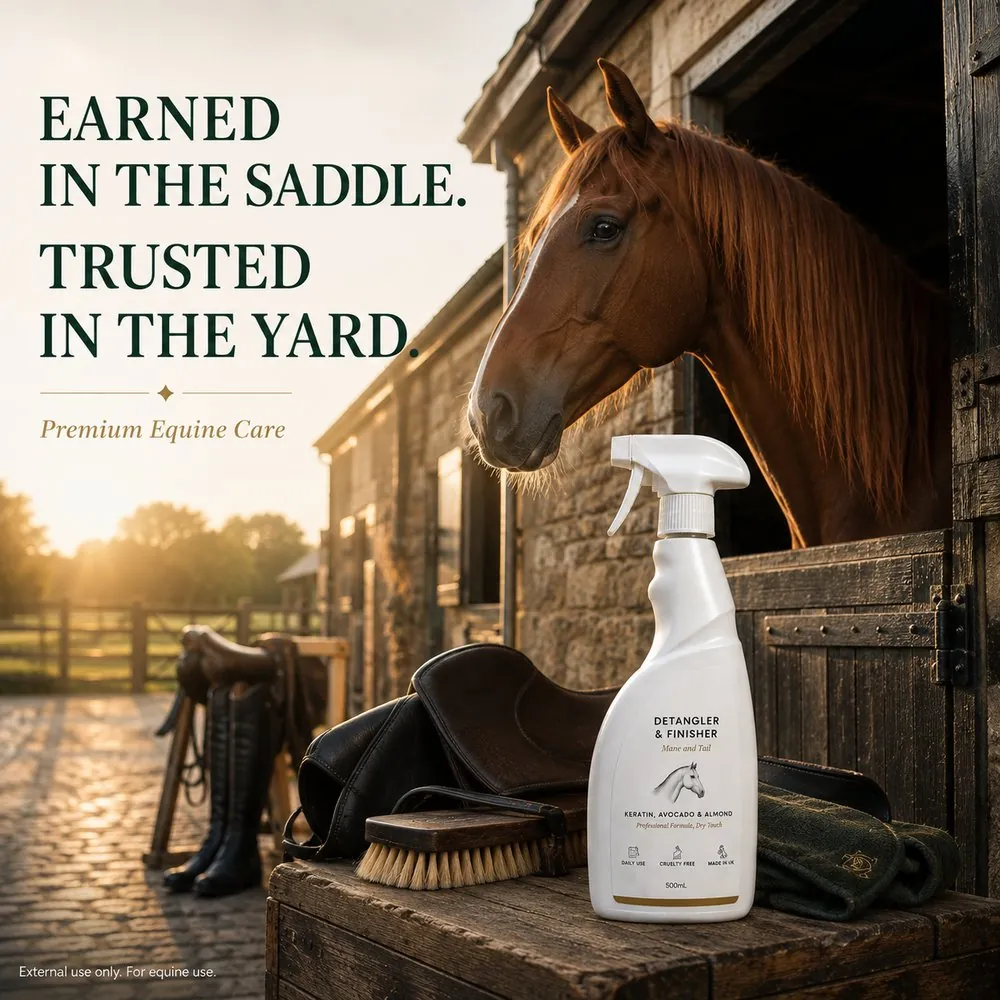 Santos Equine Detangler & Finisher bottle in a stable doorway at sunrise