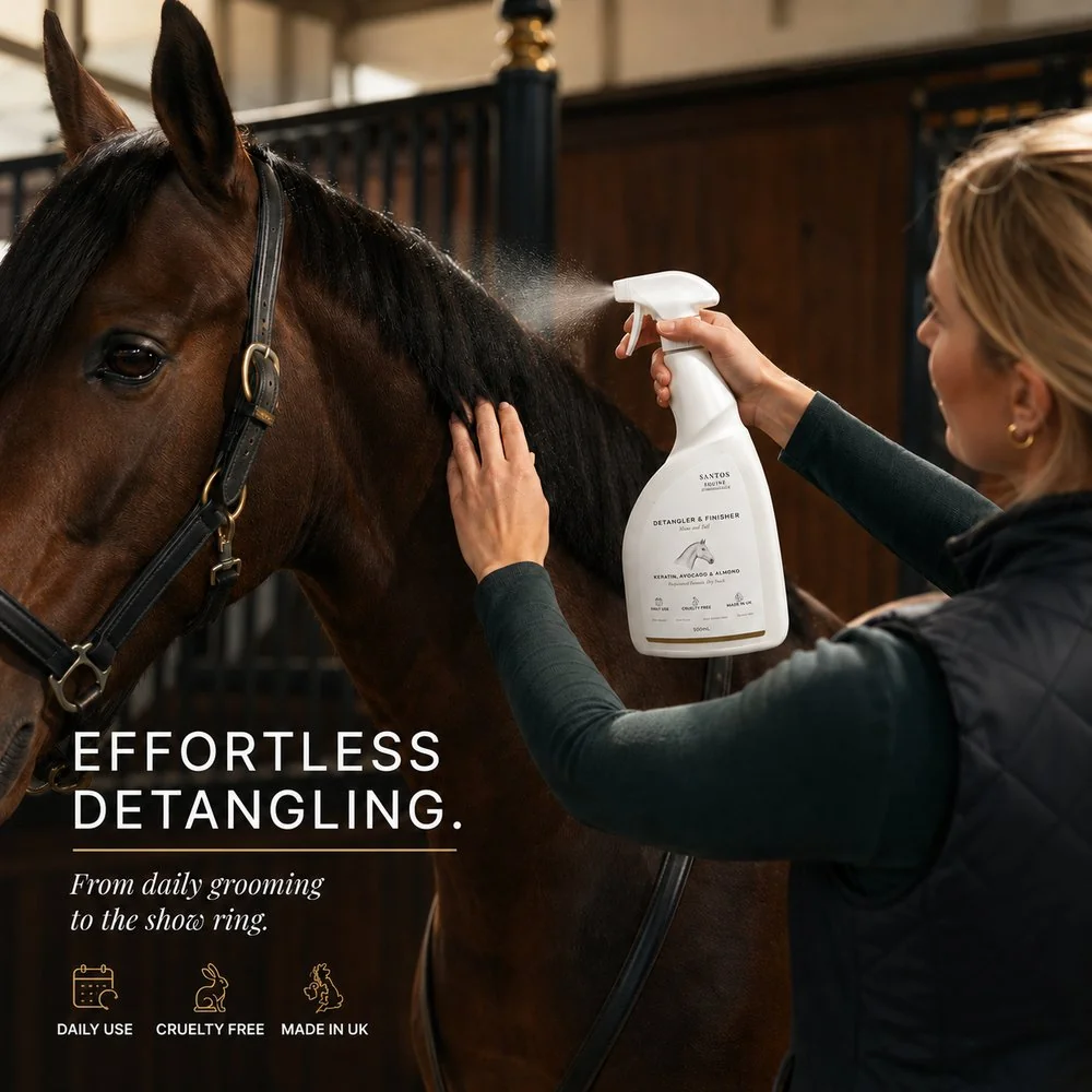 Applying Santos Equine Detangler & Finisher to a bay horse's mane