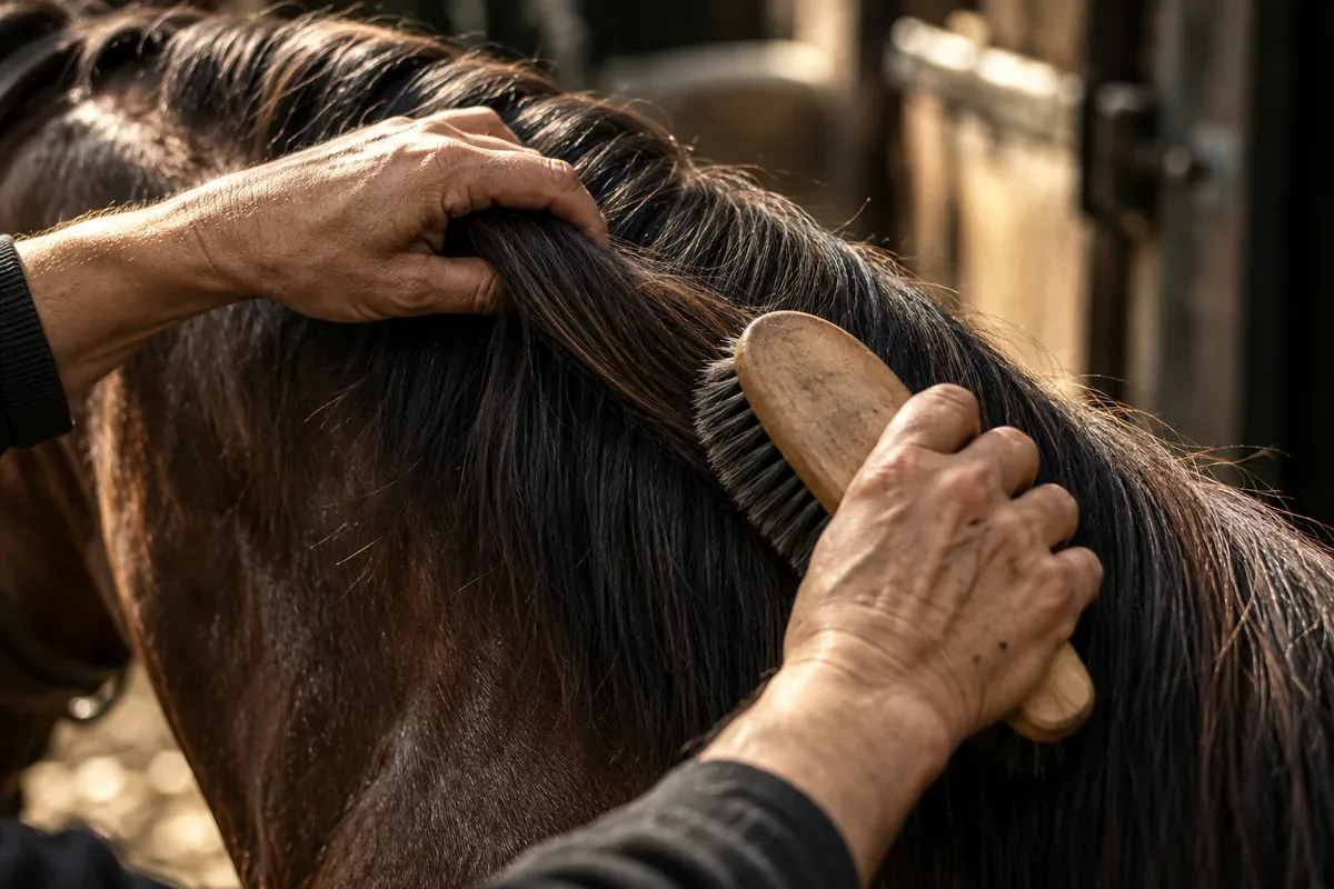 Grooming a horse’s mane by hand