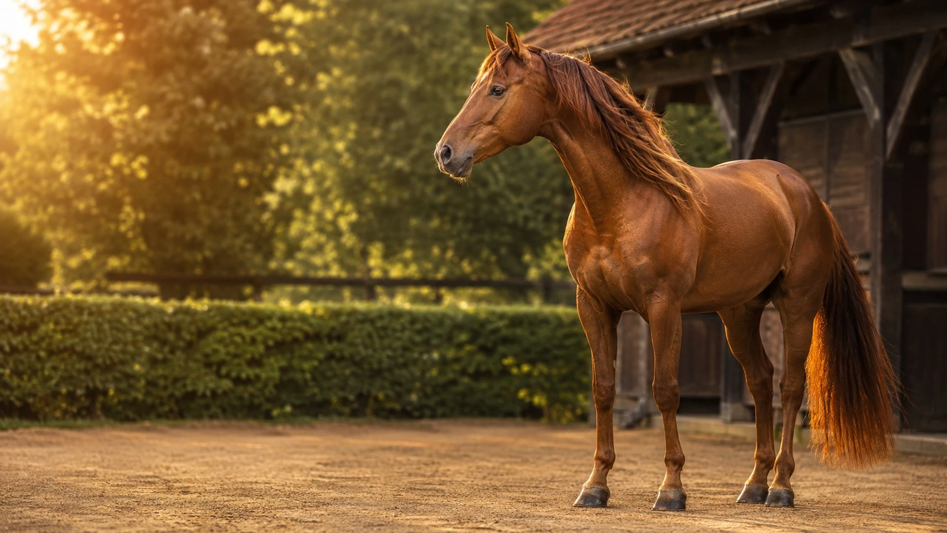 Chestnut horse with a glossy flowing mane in an English stable yard at golden hour