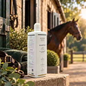 Santos Equine Shampoo 1L bottle on a stone ledge in an English stable yard