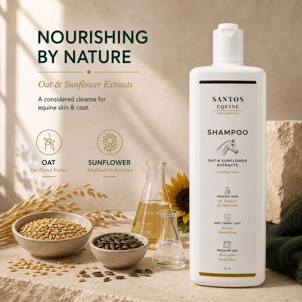 Oat kernel and sunflower seed extracts shown beside the Santos Equine Shampoo bottle