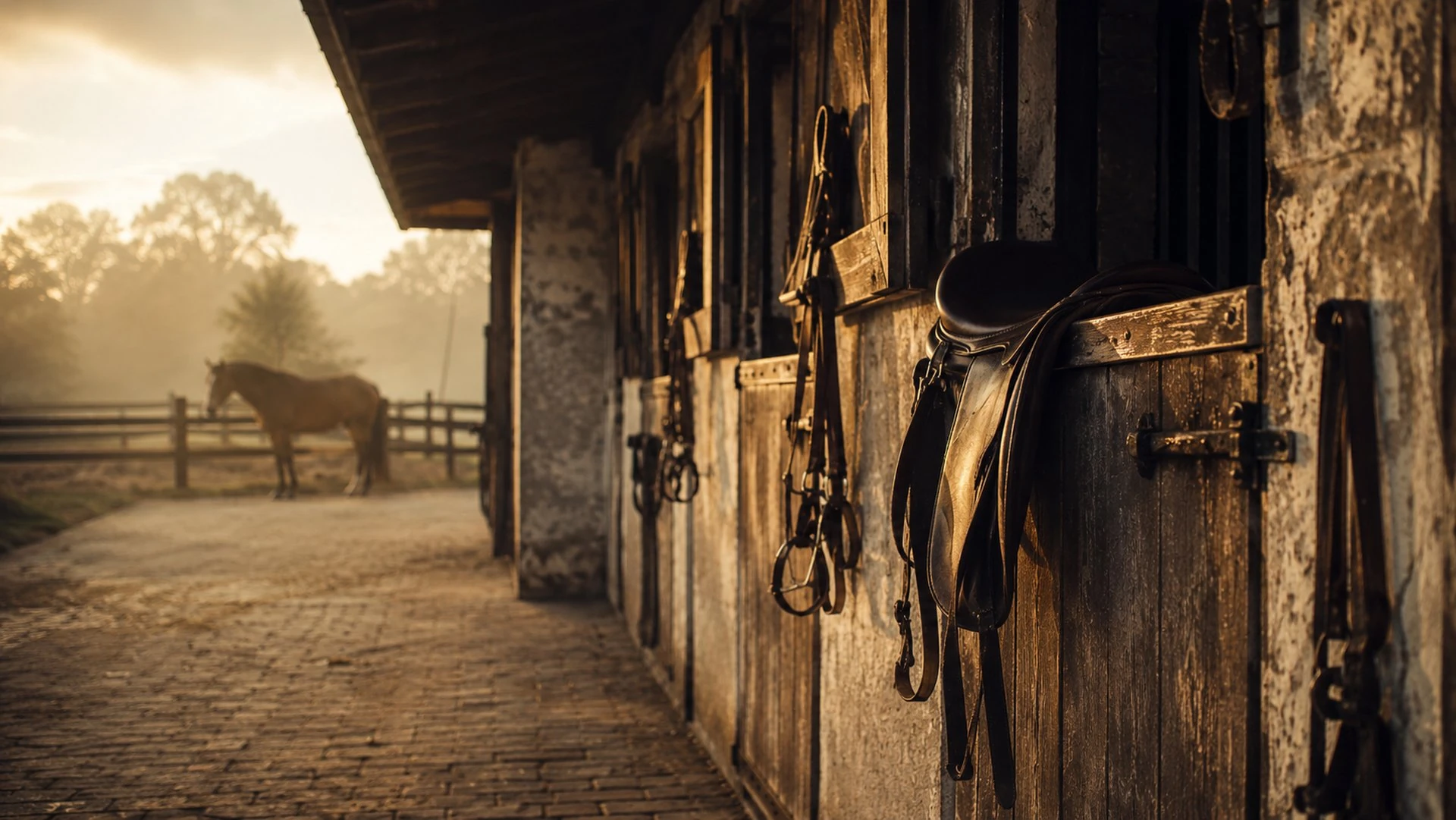 A stable aisle at first light, tack hanging outside the boxes and a horse in the yard beyond